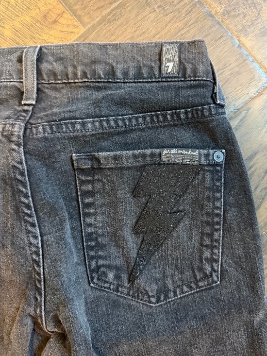 7 For All Mankind Denim - 7 For All Mankind Black Flare Jeans with Lightning Bolt Back Pockets